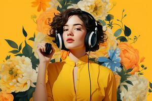 un mujer con auriculares y amarillo antecedentes foto