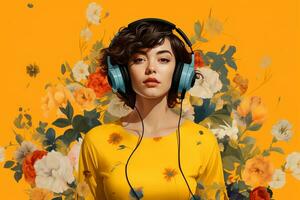 un mujer con auriculares y amarillo antecedentes foto