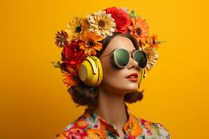 un mujer con auriculares y amarillo antecedentes foto