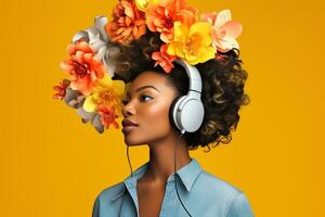 un mujer con auriculares y amarillo antecedentes foto