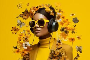 un mujer con auriculares y amarillo antecedentes foto