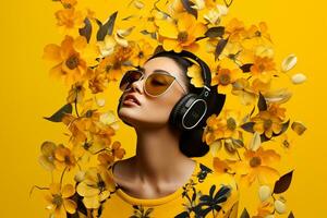 un mujer con auriculares y amarillo antecedentes foto