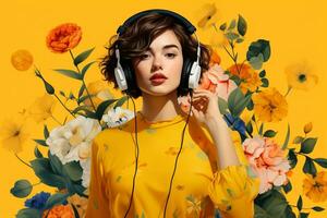 un mujer con auriculares y amarillo antecedentes foto