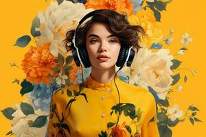 un mujer con auriculares y amarillo antecedentes foto