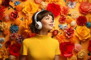 un mujer con auriculares y amarillo antecedentes foto