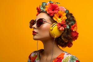 un mujer con auriculares y amarillo antecedentes foto