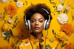 A Woman with Headphones and Yellow Background photo