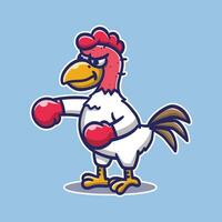 Vector illustration of cartoon rooster boxing on blue background