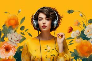 un mujer con auriculares y amarillo antecedentes foto