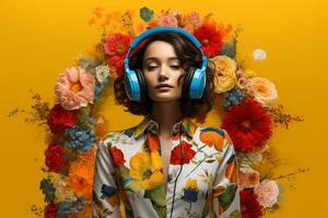 A Woman with Headphones and Yellow Background photo