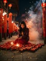 Fire cracker at temple  celebrating for Chinese New Year. photo