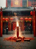 Fire cracker at temple  celebrating for Chinese New Year. photo