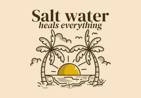 Salt water heals everything. Retro line art illustration of a beach with big sun vector