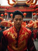 Asian man in red dress Cheongsam in temple for Chinese New Year. photo