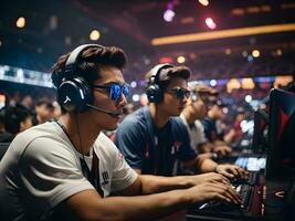 Man playing online game with team player, E-sport concept. photo