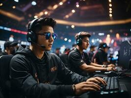 Man playing online game with team player, E-sport concept. photo