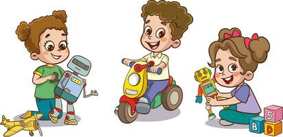 Vector Illustration of Cartoon Kids Playing with a Toy Car and a Robot