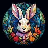 A View of a rabbit in a circle of colorful Stained Glass Illustration Design photo