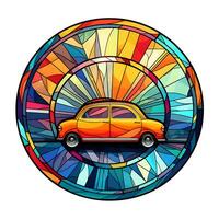 A View of a Car in a circle of colorful Stained Glass Illustration Design photo