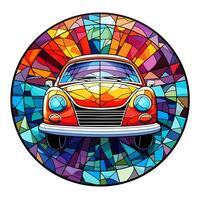 A View of a Car in a circle of colorful Stained Glass Illustration Design photo