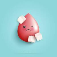 Blood with sugar cube dissolving inside blood drop - high glucose level sign. sugar affects health. blood bag for medical apps, websites and hospital. vector design.