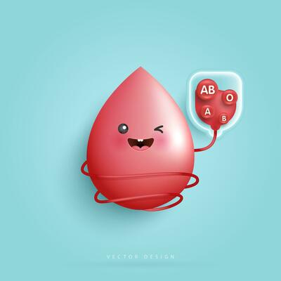 Blood with group droplets. blood type. cute happy healthy smiling blood drop character for medical apps, websites and hospital. vector design.