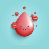 Cartoon blood with iron is healthy and strong blood character concept. funny cute smiling happy blood for medical apps, health care, hospital. cartoon character style. vector design.