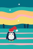 New Year penguin in a cap with Christmas trees under the sky with the polar lights. Perfect vector print for poster, card, banner. Vertical illustration.