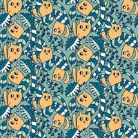 Hand drawn seamless pattern with cute cats in the jungle. Perfect print for tee, paper, textile and fabric. vector
