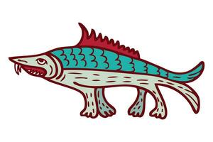 Doodle medieval bestiary style crocodile fish. Perfect for sticker, card, poster. Hand drawn isolated vector illustration.