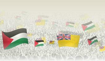 Palestine and Niue flags in a crowd of cheering people. vector