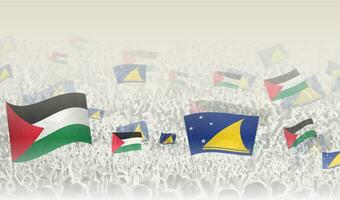 Palestine and Tokelau flags in a crowd of cheering people. vector