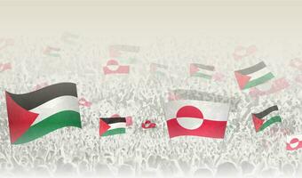 Palestine and Greenland flags in a crowd of cheering people. vector