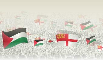 Palestine and Sark flags in a crowd of cheering people. vector