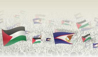 Palestine and American Samoa flags in a crowd of cheering people. vector