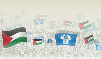 Palestine and CIS flags in a crowd of cheering people. vector