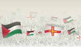 Palestine and Guernsey flags in a crowd of cheering people. vector