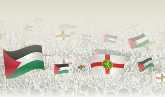 Palestine and Alderney flags in a crowd of cheering people. vector