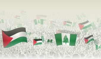 Palestine and Norfolk Island flags in a crowd of cheering people. vector