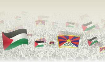 Palestine and Tibet flags in a crowd of cheering people. vector