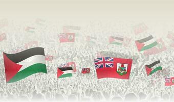 Palestine and Bermuda flags in a crowd of cheering people. vector