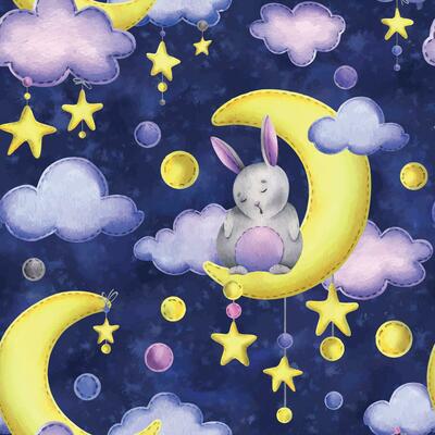 A cute gray bunny stitched sits and sleeps on a yellow moon with hanging stars, dots, clouds. Watercolor illustration, hand drawn. Seamless pattern on a dark background.