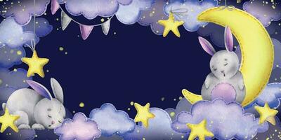 Night sky with a yellow moon, rabbits, stars and clouds sewn from fabric with thread stitches. Childrens hand drawn watercolor illustration. Horizontal banner frame template on a dark blue background vector