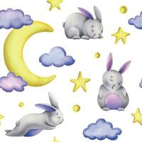 A cute gray bunny stitched sits and sleeps on a yellow moon with hanging stars, dots, clouds. Watercolor illustration, hand drawn. Seamless pattern on a white background. vector