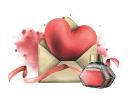 Big red heart in an envelope with ink and ribbon. Hand drawn watercolor illustration. Ready isolated composition on a white background. vector