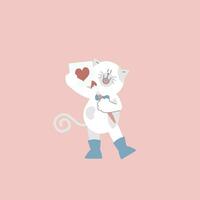 linda y encantador blanco gato participación Cepillo de pintura dibujo corazón forma en papel, contento San Valentín día, amor concepto, plano vector ilustración dibujos animados personaje disfraz diseño