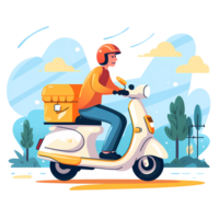 Ai generated delivery man on scooter with food delivery box png