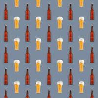 Seamless pattern of large beer glass full of beer with foam and bottles on gray background. photo