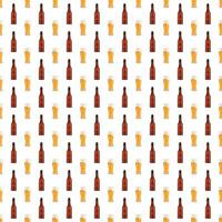 Seamless pattern of large beer glass full of beer with foam and bottles on white background. photo