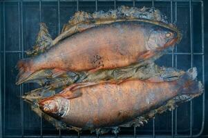 The smoking process. Trout is smoking on the grill and there is smoke. photo